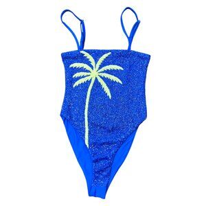Oceanus Beaded Palm Tree One Piece Swimsuit Blue Small Pre-Loved